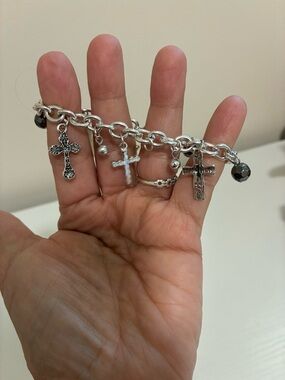 Silver Cross Charm Bracelet with Black Bead Accents